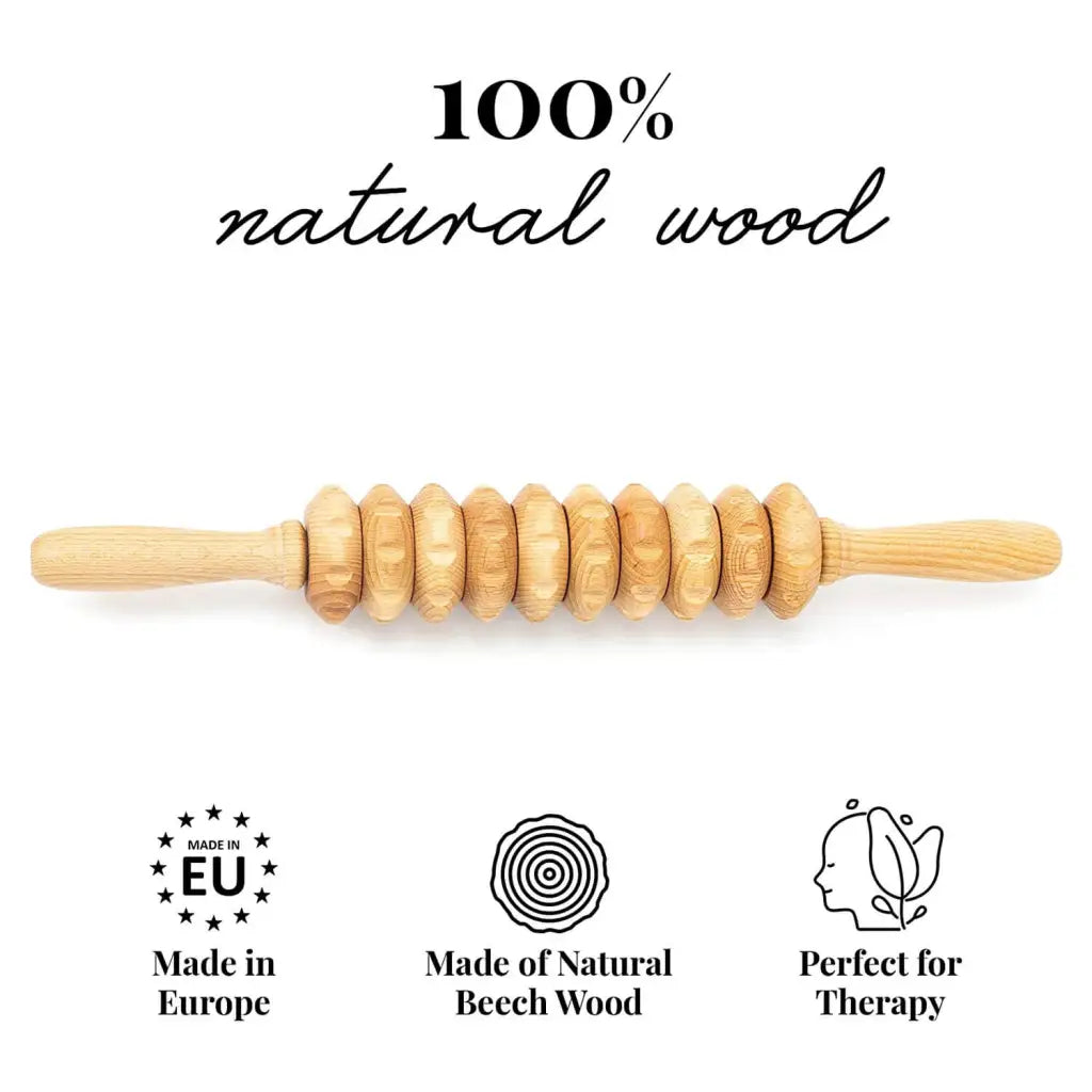 Beechwood body roller (40 cm) on neutral background, full view