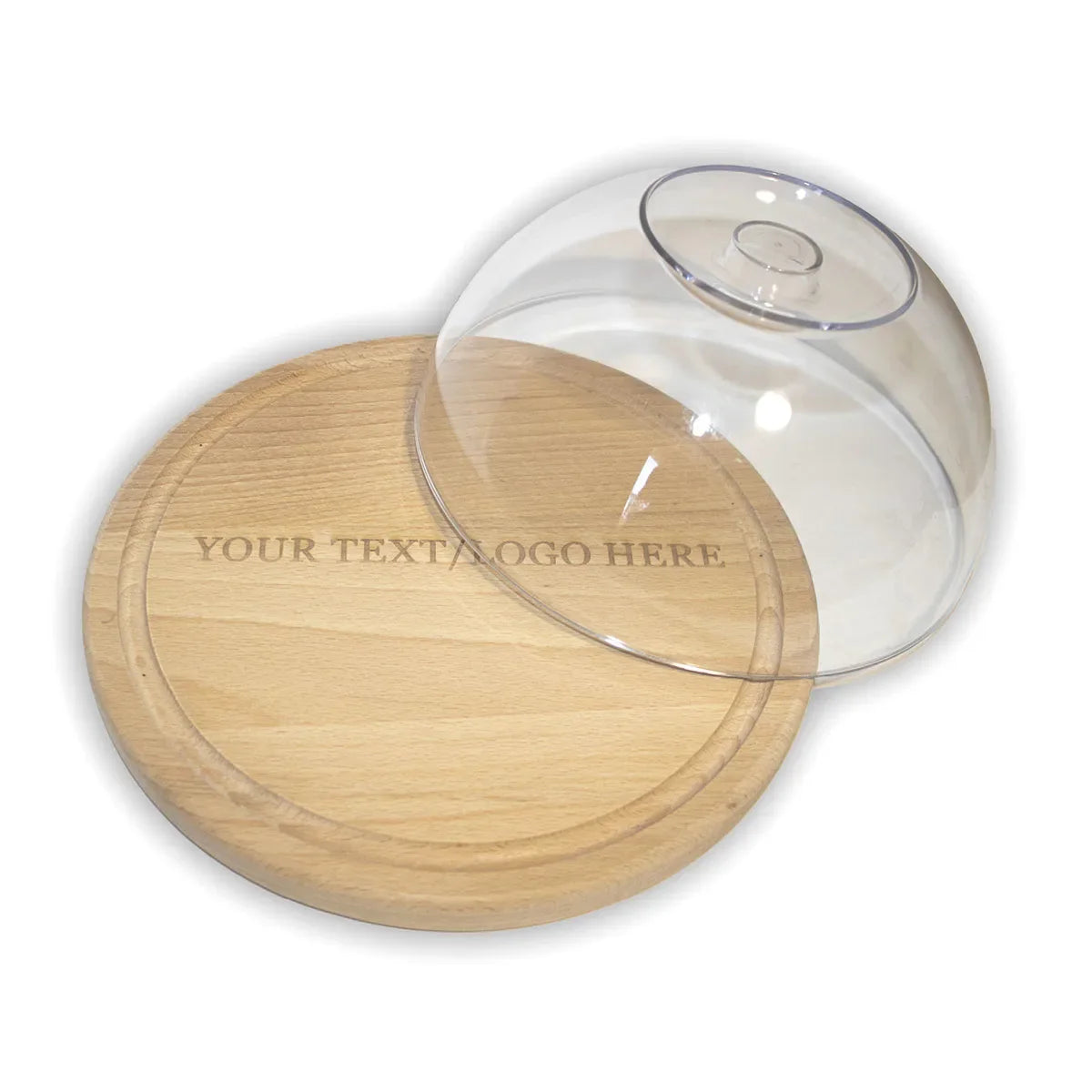 Custom engraved round cutting board displaying family name with protective wooden lid