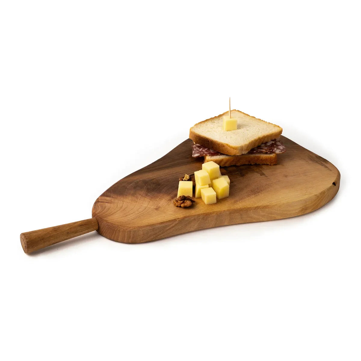 Close-up of monogrammed walnut cutting board showing detailed wood grain and craftsmanship