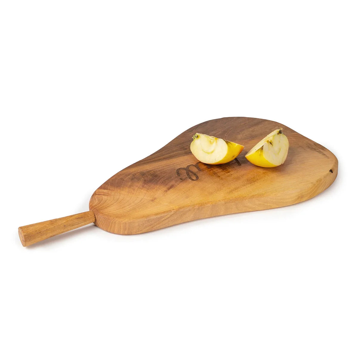 Pear-shaped walnut cutting board being used to serve cheese and charcuterie at dinner party