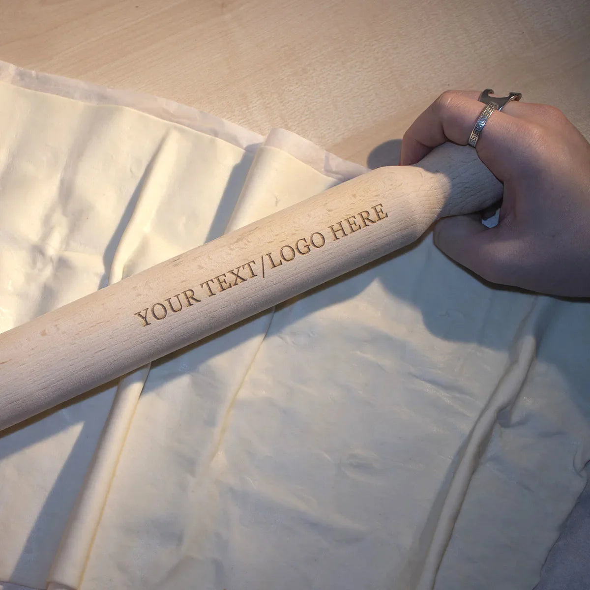 Versatile Kitchen Tool: Custom Wooden Rolling Pin Perfectly Rolled Pizza Dough on Marble Countertop