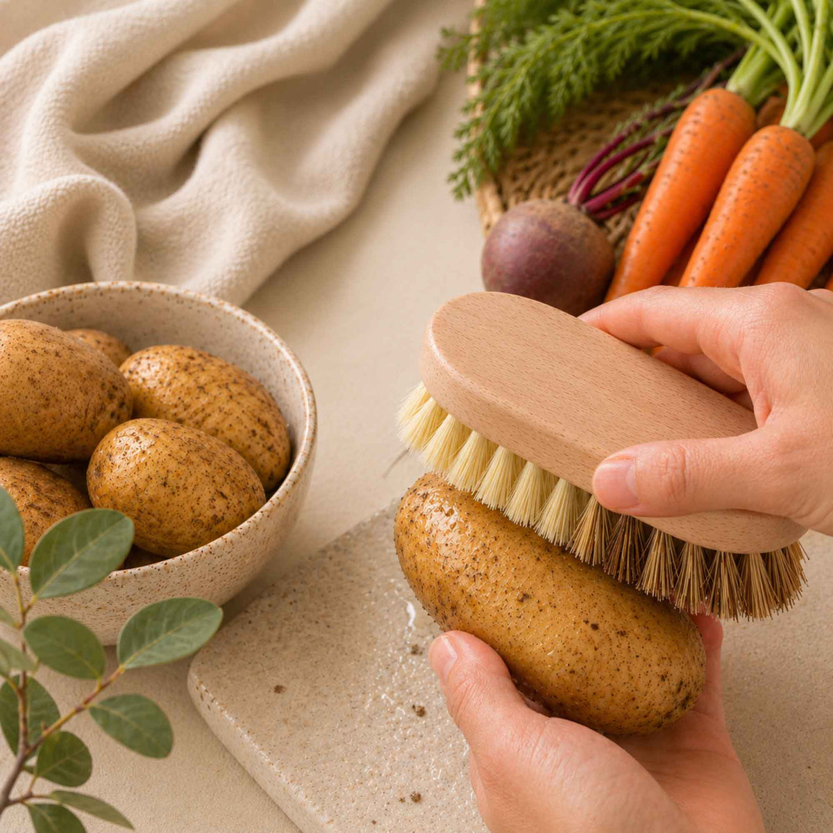 Tuuli wooden vegetable brush cleaning a potato with potatoes, carrots and beetroot in the background