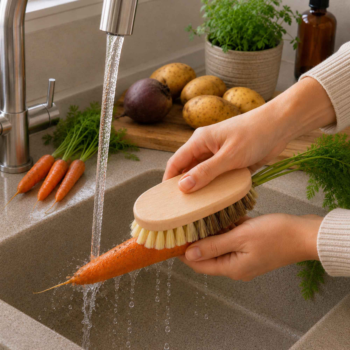 Tuuli wooden vegetable brush cleaning a carrot under running water in a kitchen sink