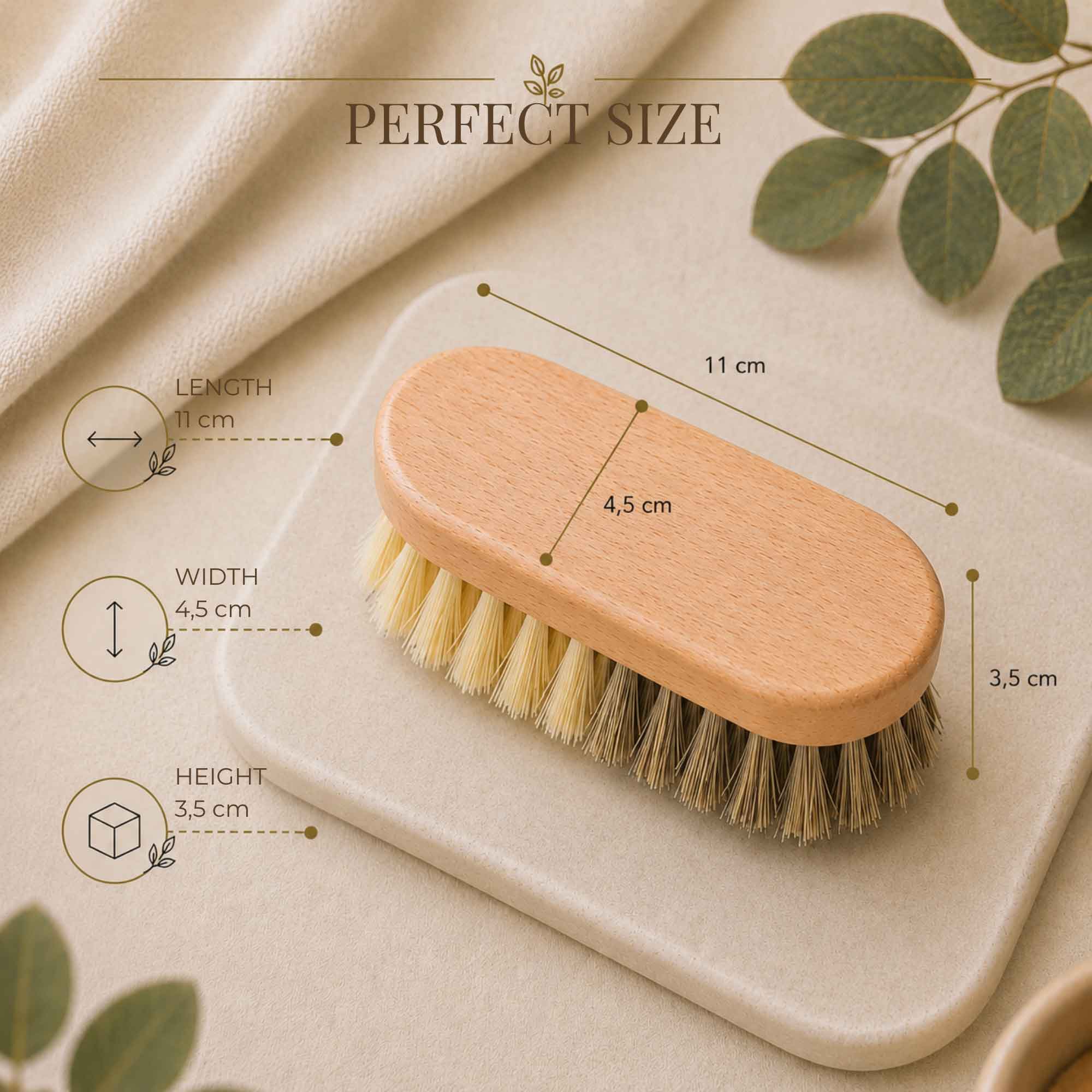 Tuuli wooden vegetable brush with dimensions of 11 x 4.5 x 3.5 cm shown on the image