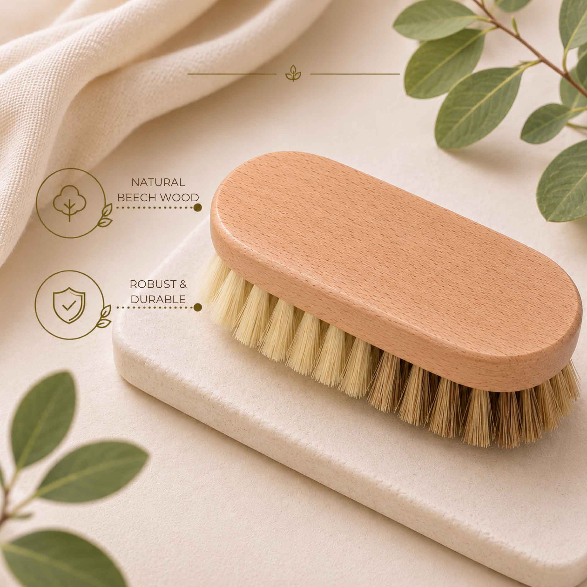 Tuuli vegetable brush with natural beechwood body and light and dark bristles