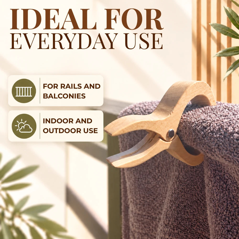A wooden clothes clip holding a purple towel outdoors, with text reading 'IDEAL FOR EVERYDAY USE' and icons for rails/balconies and indoor/outdoor use.