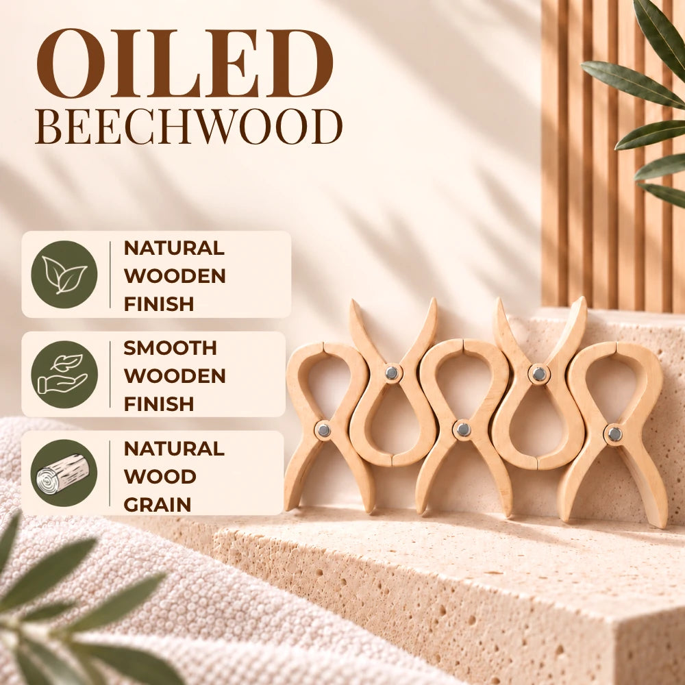 Four natural oiled beechwood clothespins displayed on a textured stone pedestal with promotional text highlighting their natural wood finish and grain.