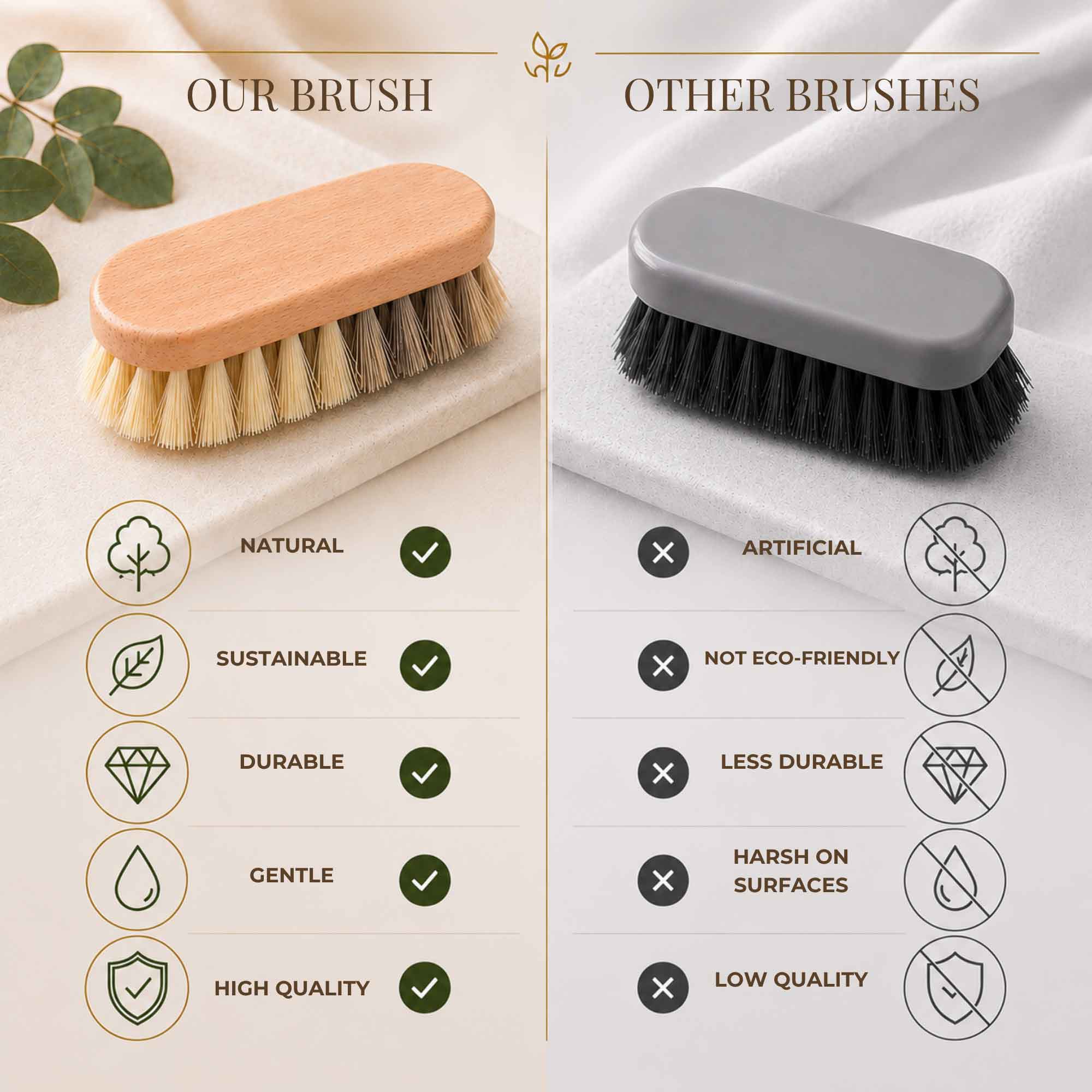 Comparison graphic showing the Tuuli wooden vegetable brush alongside a dark synthetic brush