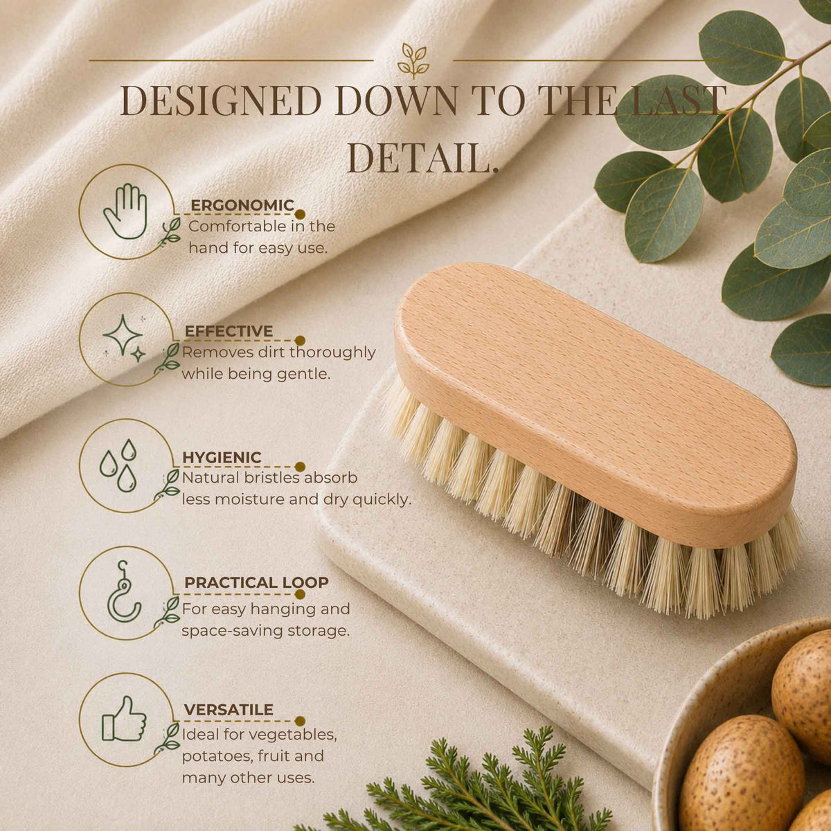 Tuuli wooden vegetable brush with illustrated product feature information