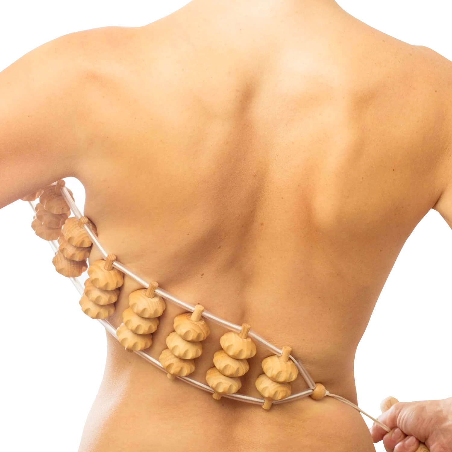 Person using a back massager with wooden beads on a white background