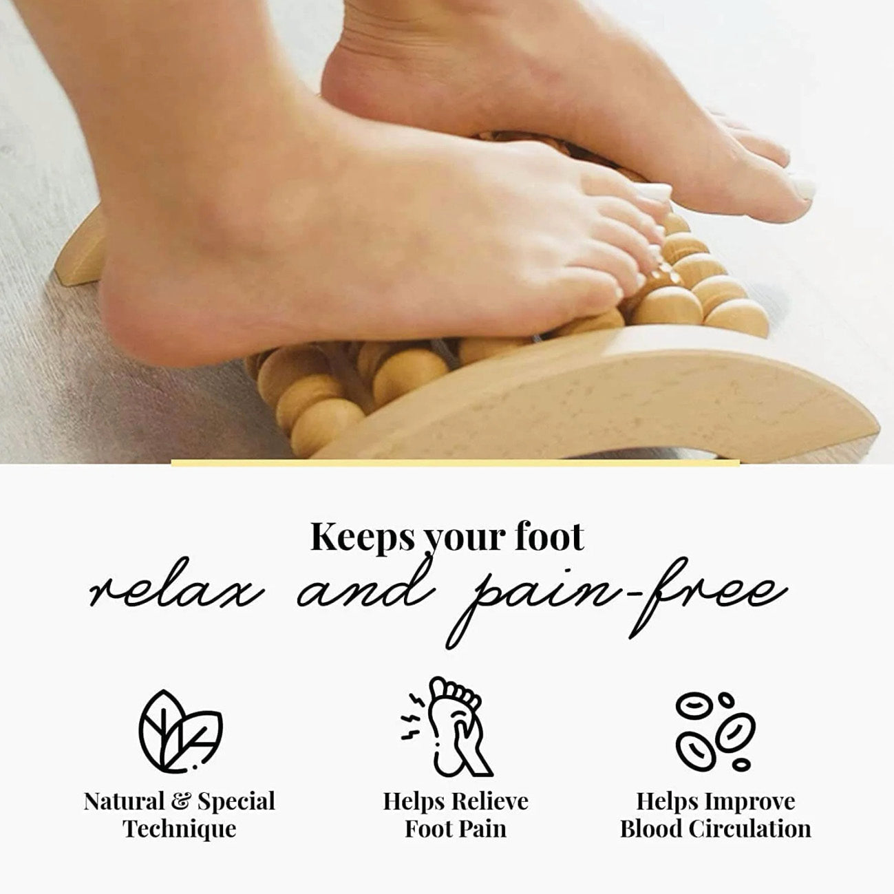 Person using a wooden foot massager with text indicating benefits on a white background