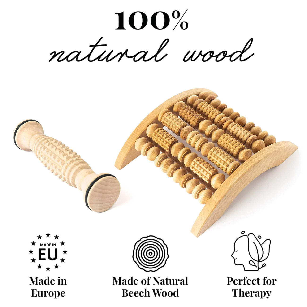 Two wooden massage tools on a white background with text indicating natural wood and EU manufacturing.