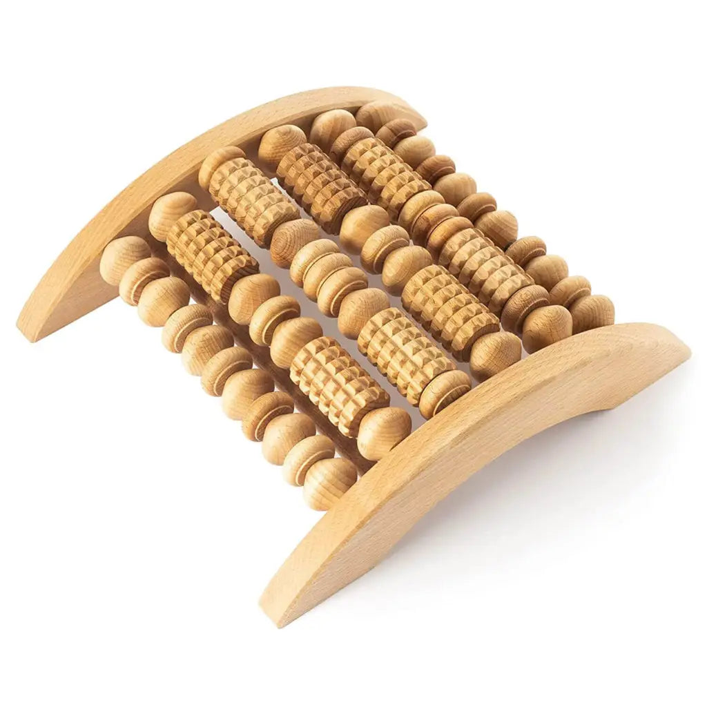 Wooden multi-roller foot massager on neutral background, full view