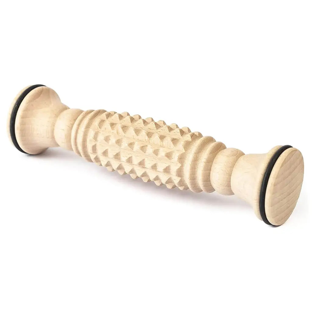 Compact beechwood foot massager roller, 20 × 5 cm, on a white background